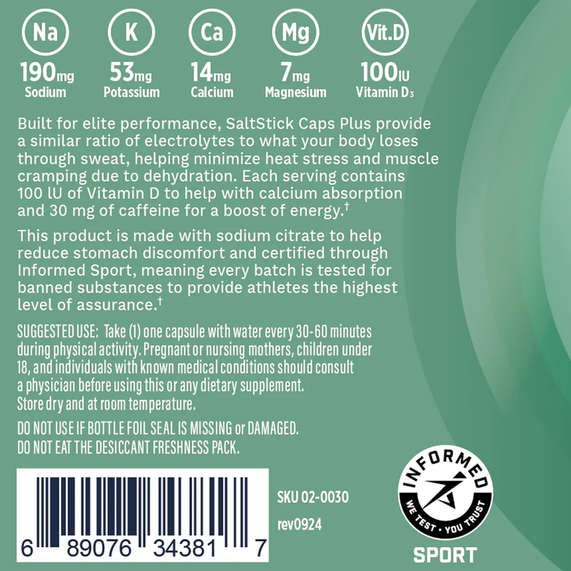 SaltStick Caps + Caffeine (100 Count), SaltStick SaltStick Caps + Caffeine (100 Count) label back