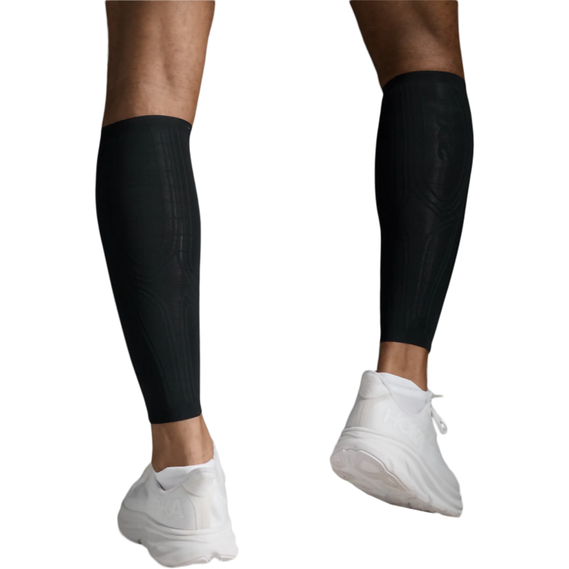Light Speed Compression Calf Guards, 2XU Light Speed Compression Calf Guards in Black and Gold on model