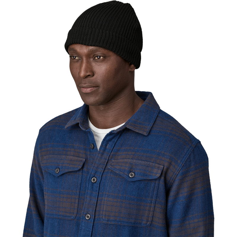 Fishermans Rolled Beanie, Patagonia Fishermans Rolled Beanie in BLK Black on model front