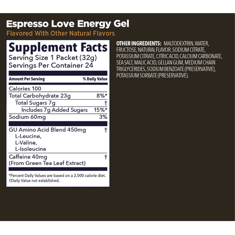 Original Energy Gel, GU Original Energy Gel Espresso Love w/ Caffeine Nutrition Facts