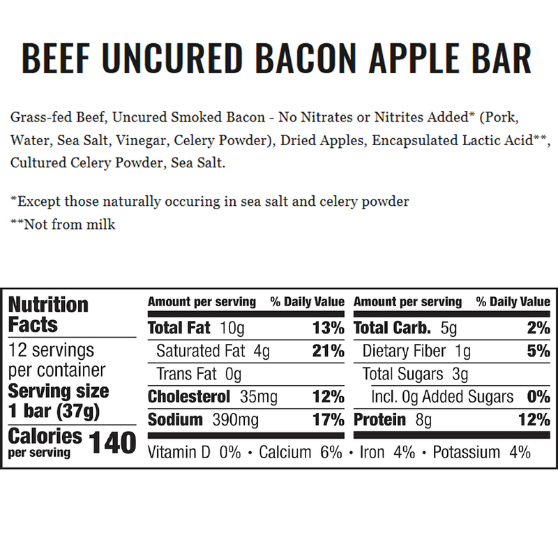Epic Bar, Epic Provisions Epic Bar Ingredients and Nutrition Facts Beef Uncured Bacon Apple