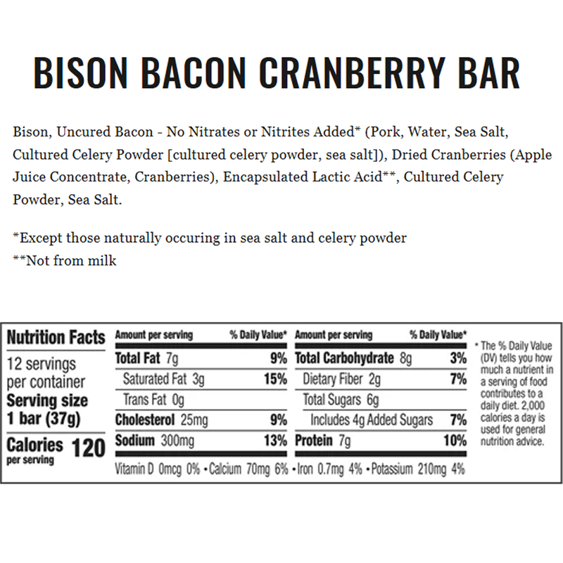 Epic Bar, Epic Provisions Epic Bar Ingredients and Nutrition Facts Bison Uncured Bacon Cranberry