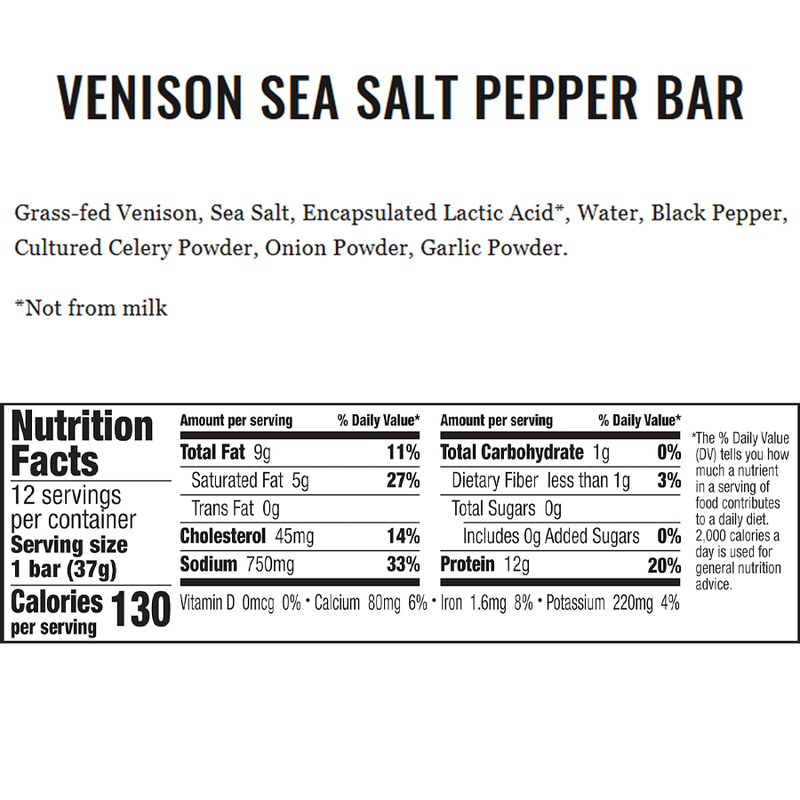 Epic Bar, Epic Provisions Epic Bar Ingredients and Nutrition Facts Venison Sea Salt Pepper