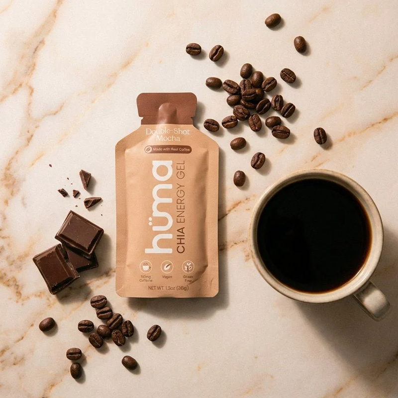 Huma Chia Energy Gel double shot mocha with chocolate pieces, coffee beans and coffee
