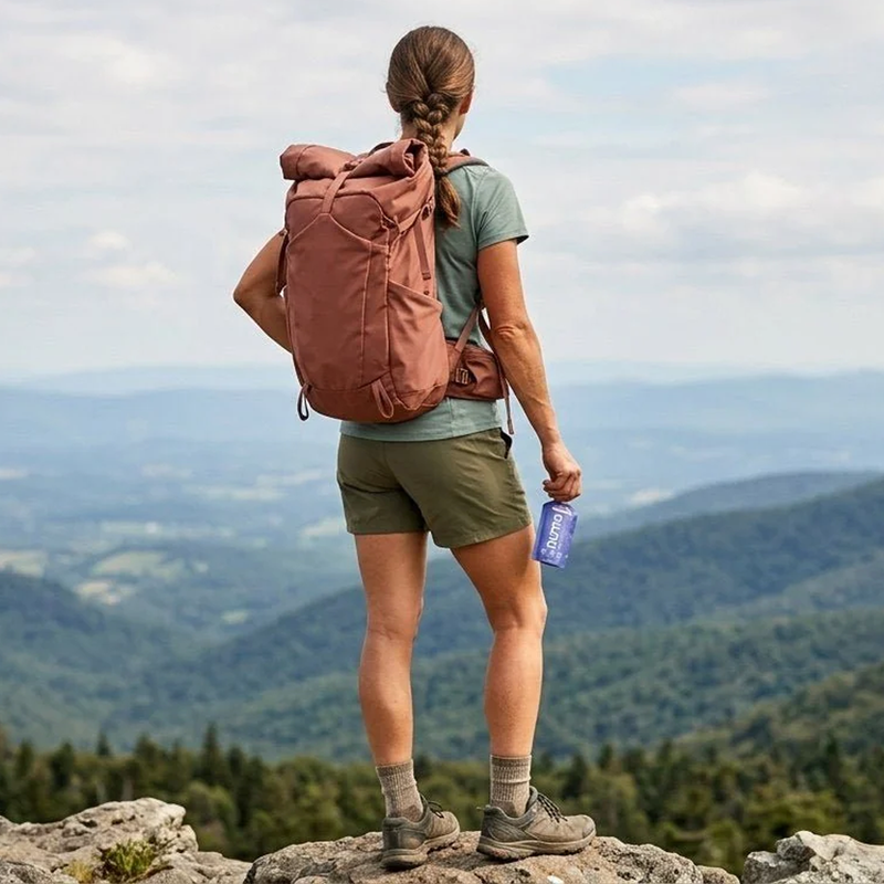 Huma Chia Energy Gel blueberry in hand of hiker looking out at mountain view