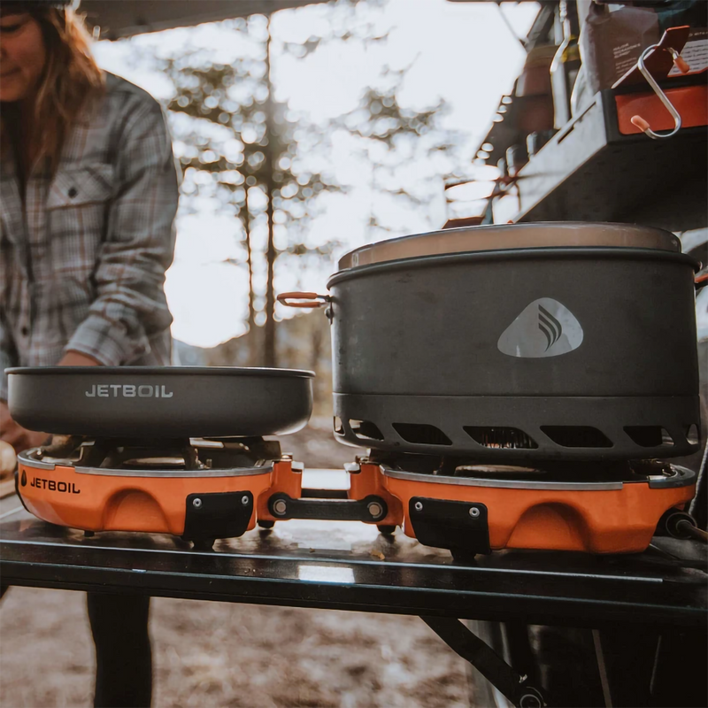 Jetboil Genesis 2 Burner, Jetboil Genesis 2 Burner in use with pots
