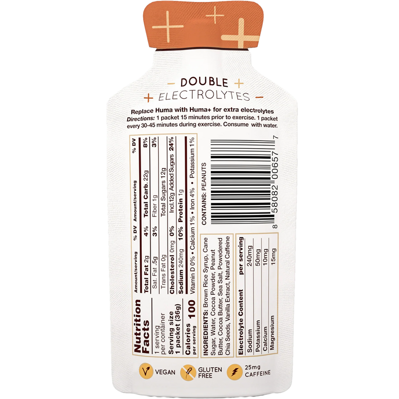 Huma Chia Gel Plus back of packet for chocolate peanut butter