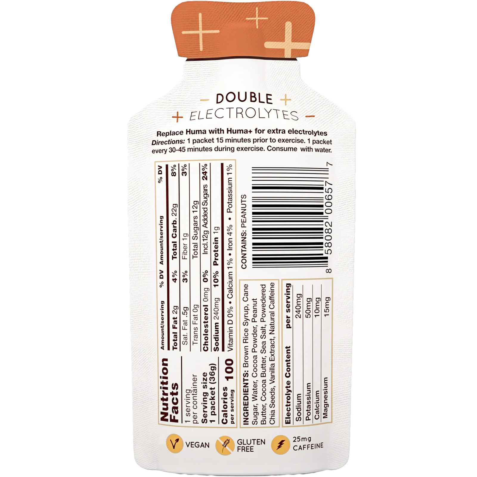 Huma Chia Gel Plus back of packet for chocolate peanut butter