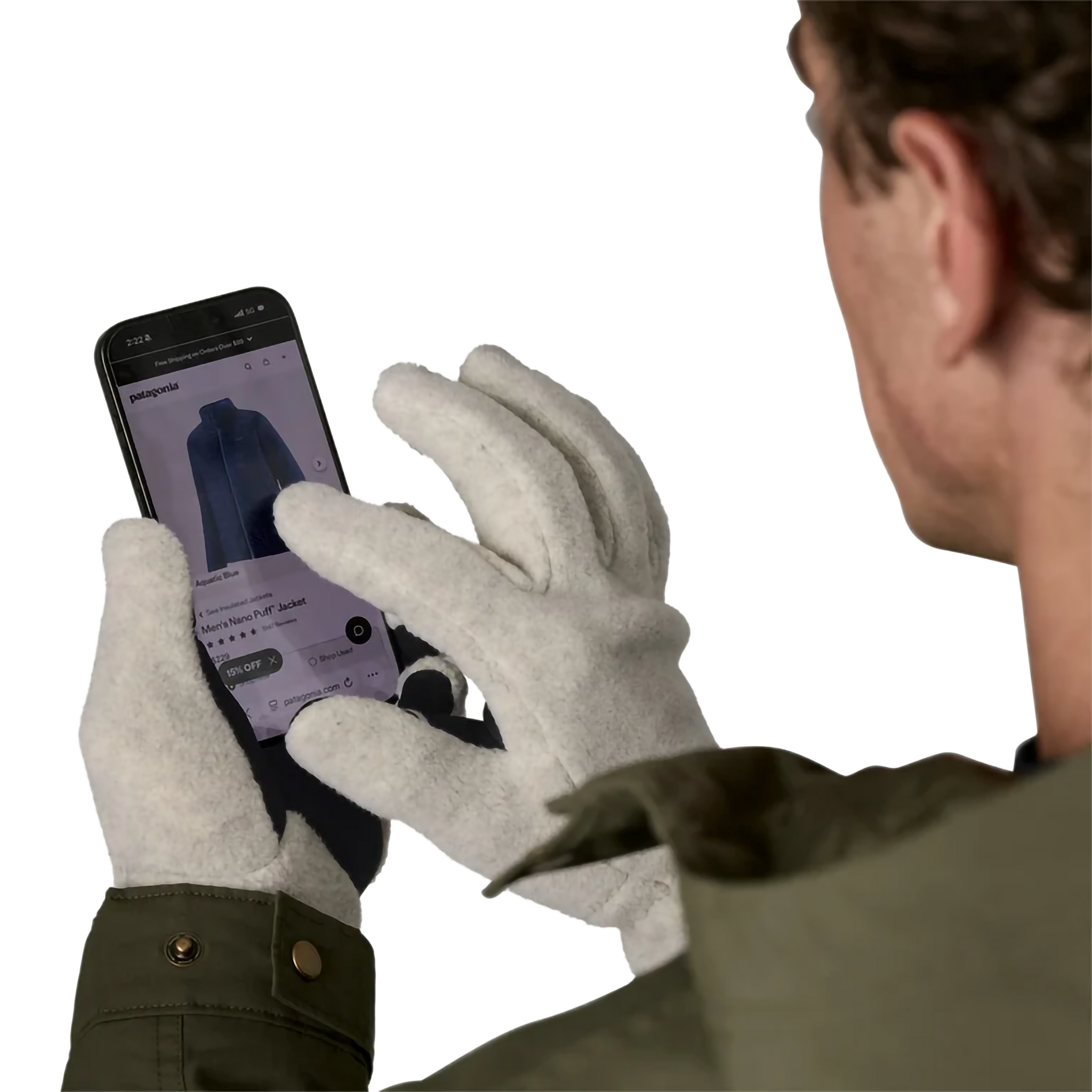 Patagonia Synchilla Gloves on model with phone