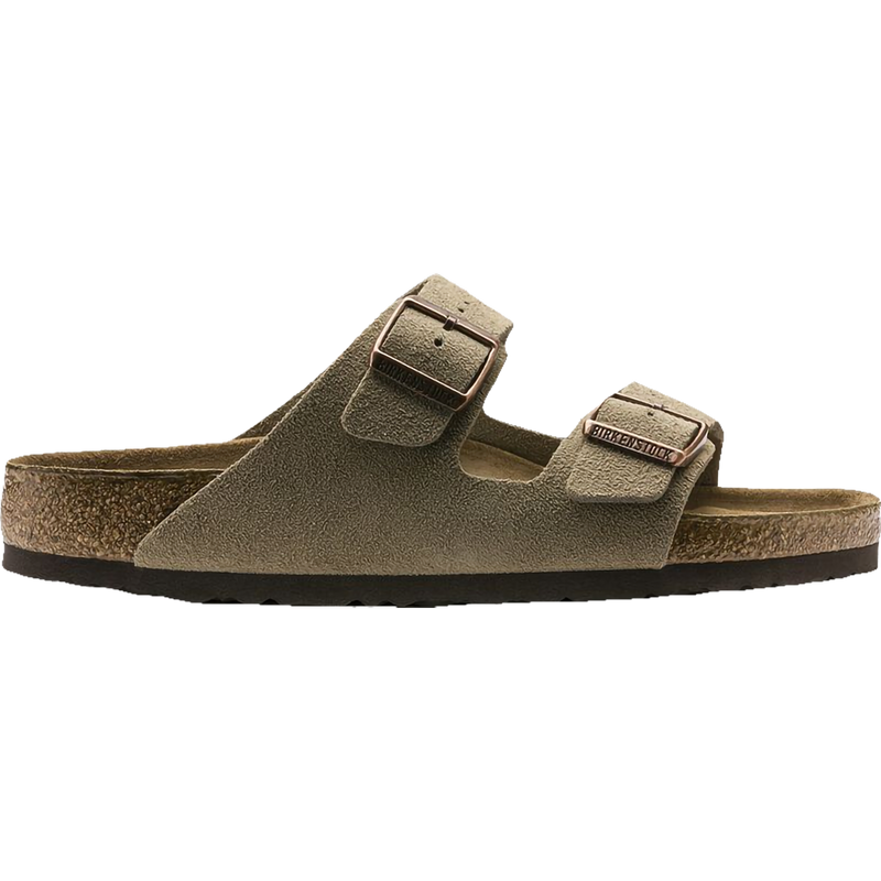 Women's Arizona Soft Footbed, Birkenstock Women's Arizona Soft Footbed in Taupe Suede right profile