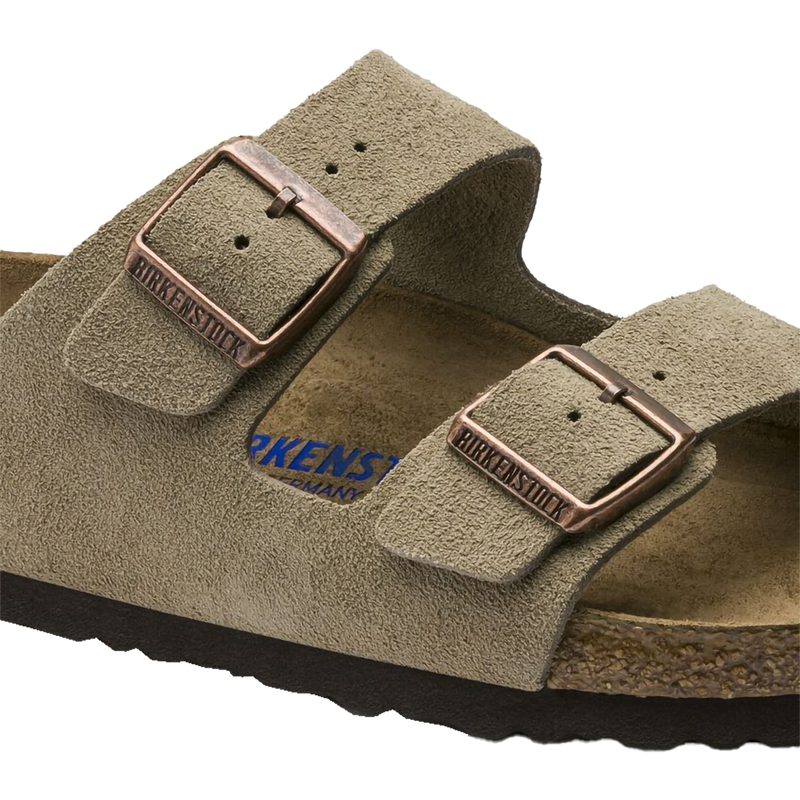 Women's Arizona Soft Footbed, Birkenstock Women's Arizona Soft Footbed in Taupe Suede straps and buckles