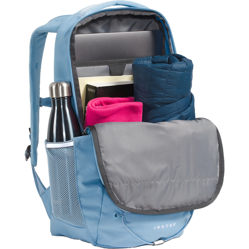Women's Jester, The North Face Women's Jester in QEO-Steele Blue unzipped and loaded