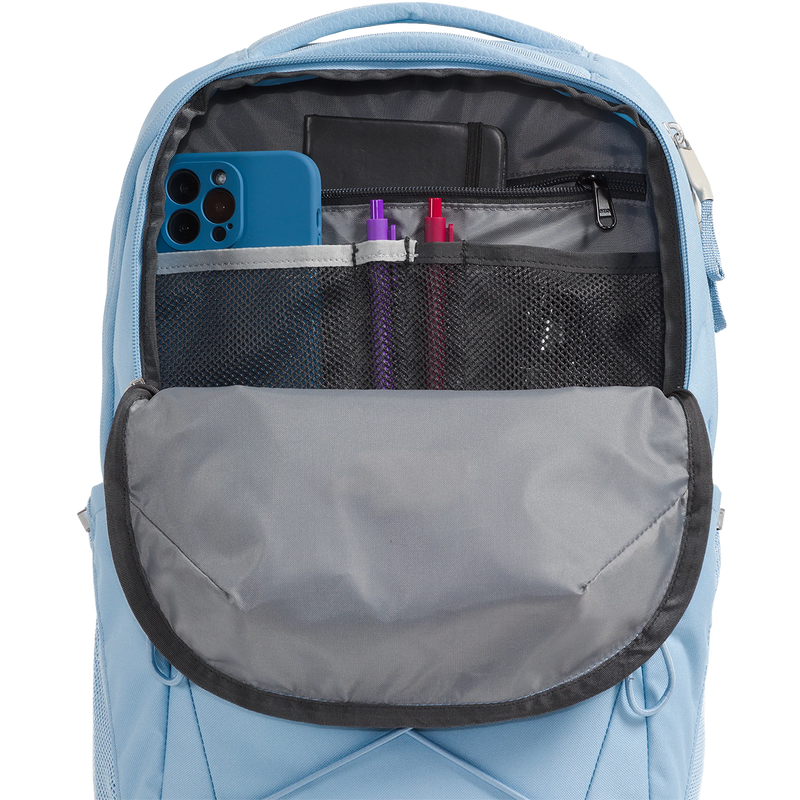 Women's Jester, The North Face Women's Jester in QEO-Steele Blue unzipped