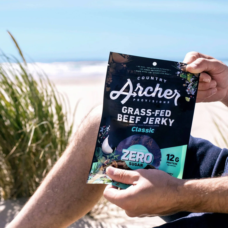 Zero Sugar Beef Jerky, Country Archer Zero Sugar Beef Jerky in hand