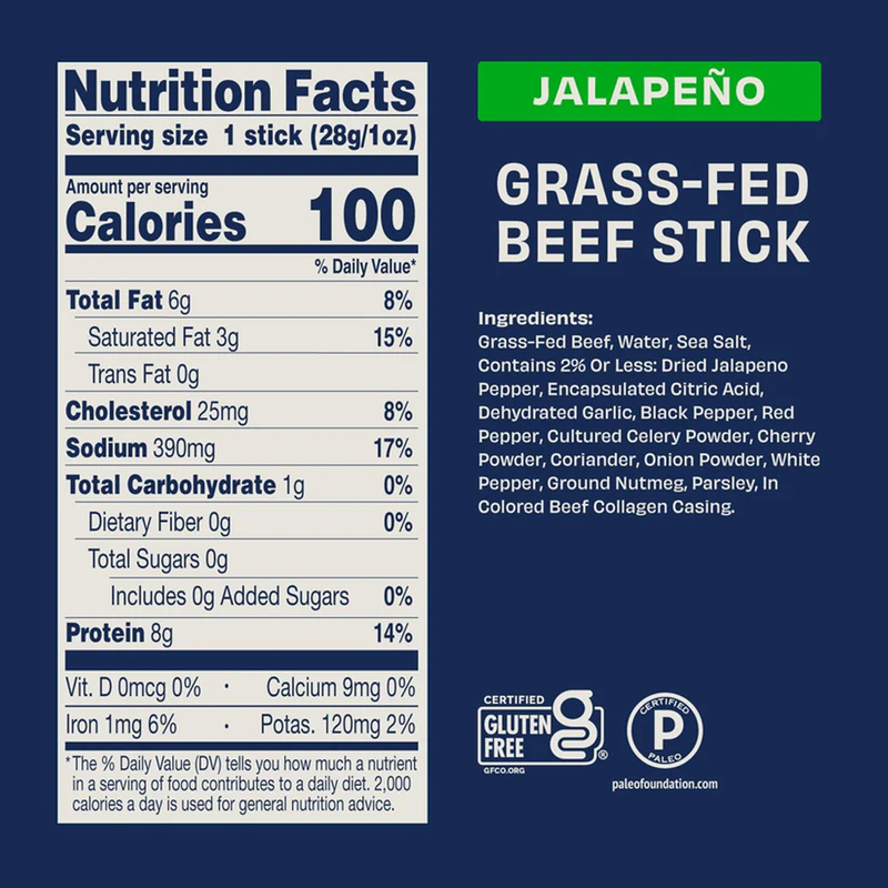 Zero Sugar 1 oz Jerky Sticks, Archer Jerky Zero Sugar Jerky Sticks Jalapeno Beef Nutrition Facts & Ingredients