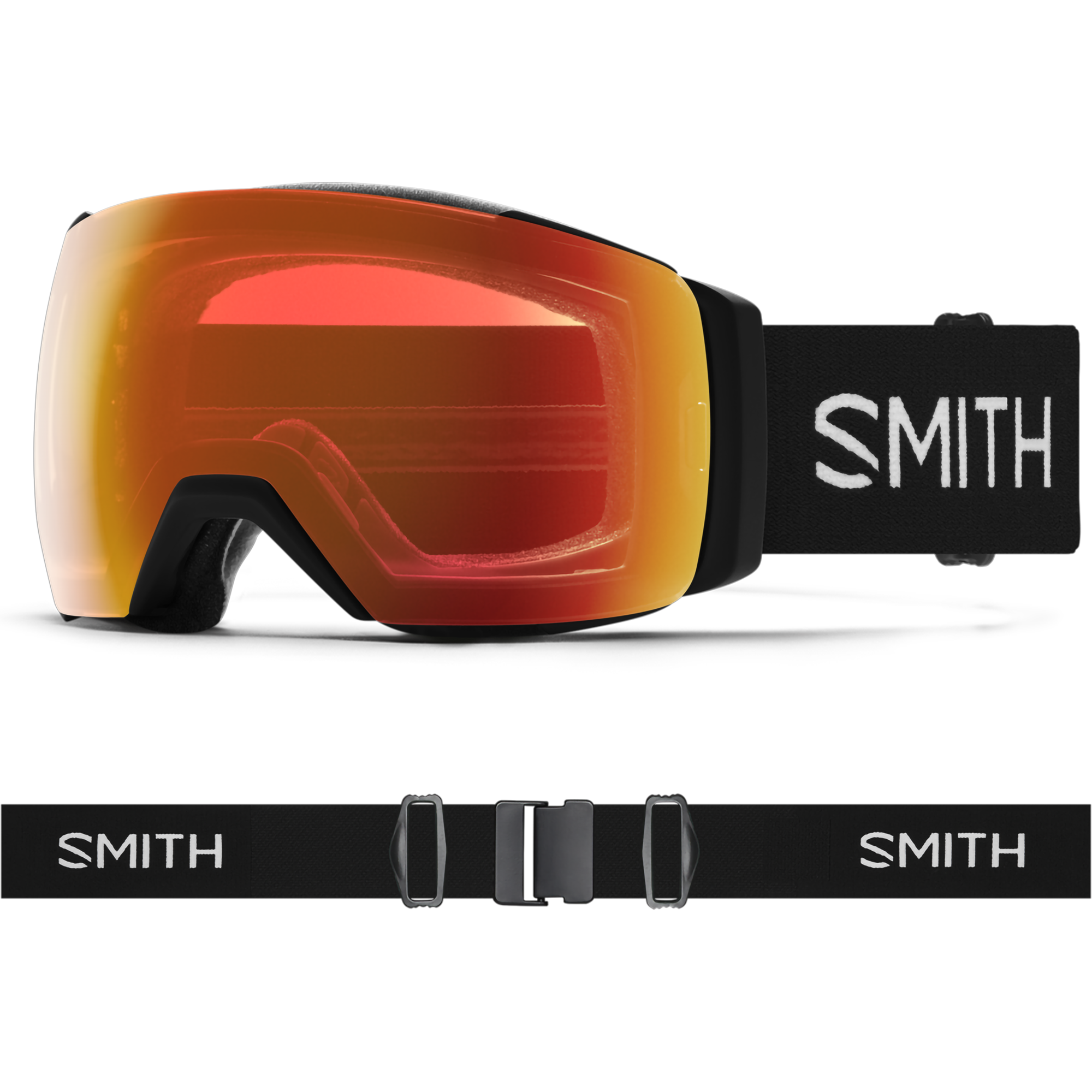 Smith I/O MAG XL in Black + CP Everyday Red Mirror front left with strap