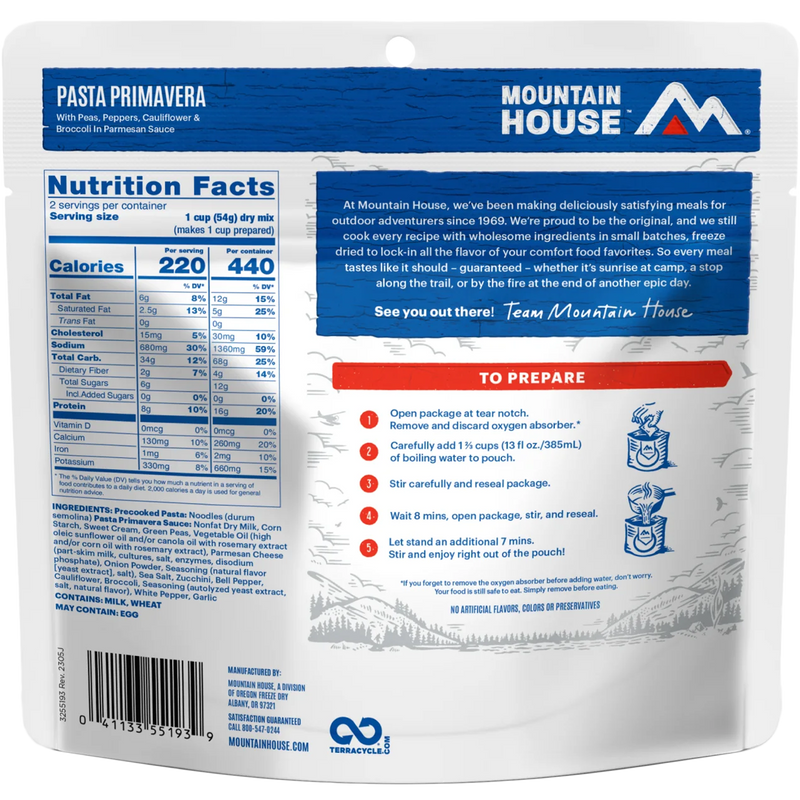 Pasta Primavera (2 Servings), Mountain House Pasta Primavera (2 Servings) back of package
