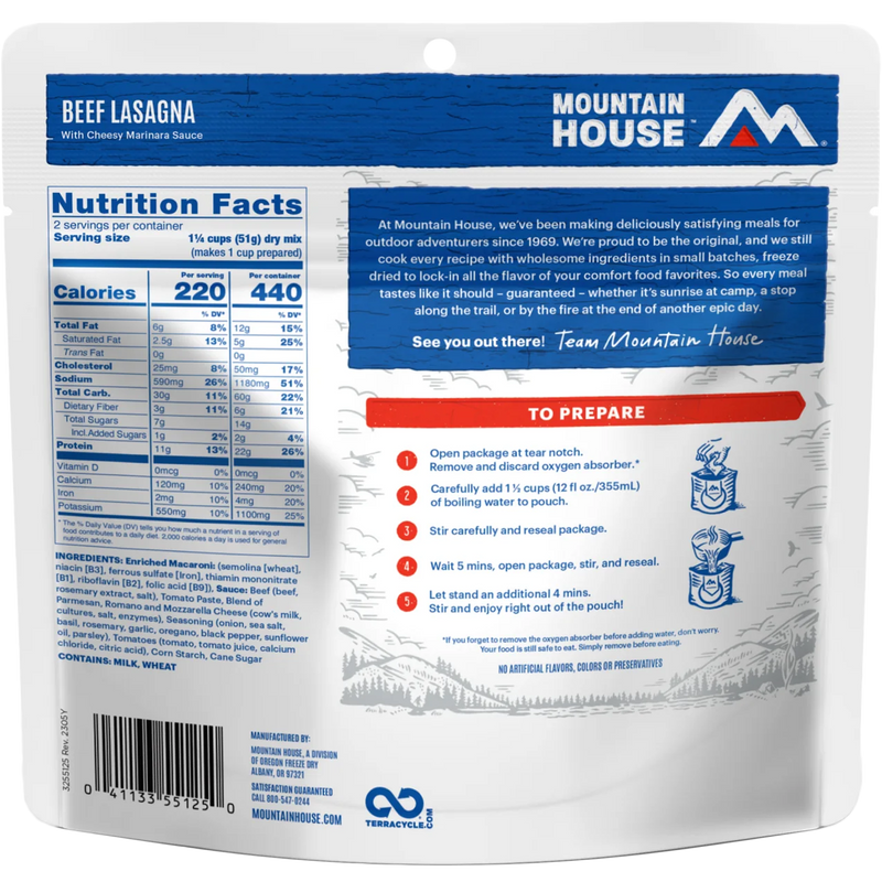 Beef Lasagna (2 Servings), Mountain House Beef Lasagna (2 Servings) back of package