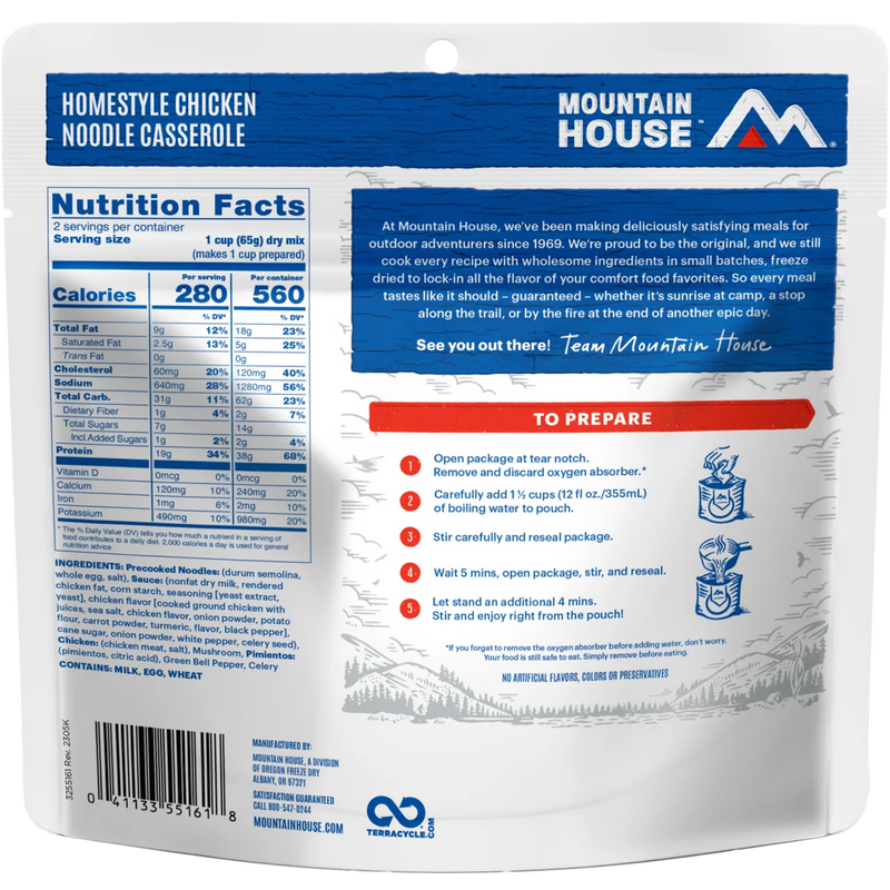 Homestyle Chicken Noodle Casserole (2 Servings), Mountain House Homestyle Chicken Noodle Casserole (2 Servings) back of package