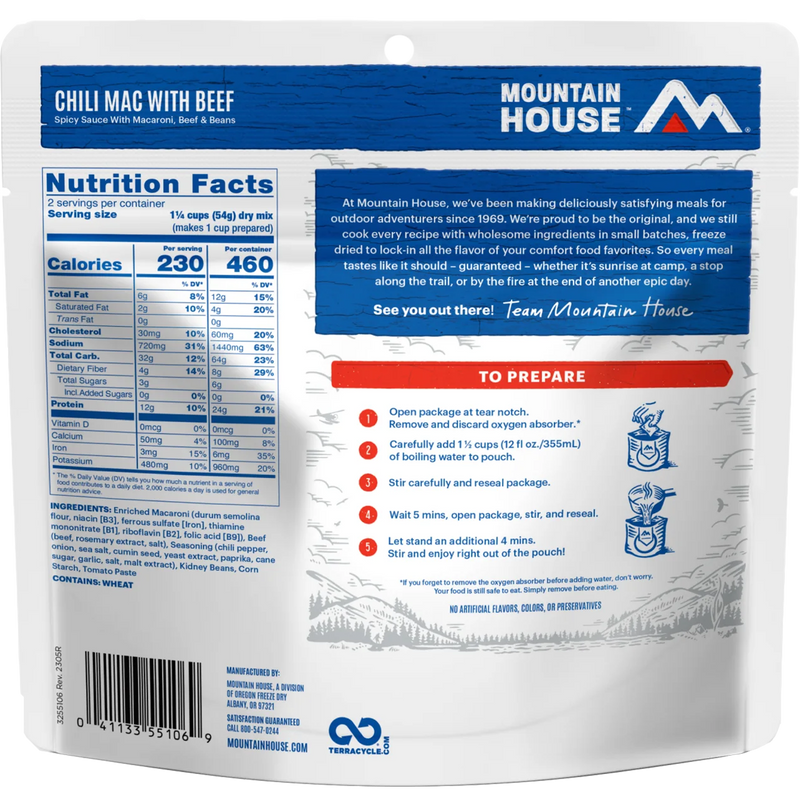 Chili Mac with Beef (2 Servings), Mountain House Chili Mac with Beef (2 Servings) back of package
