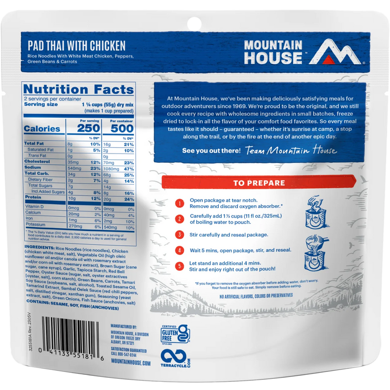 Pad Thai with Chicken (2 Servings), Mountain House Pad Thai with Chicken (2 Servings) back of package
