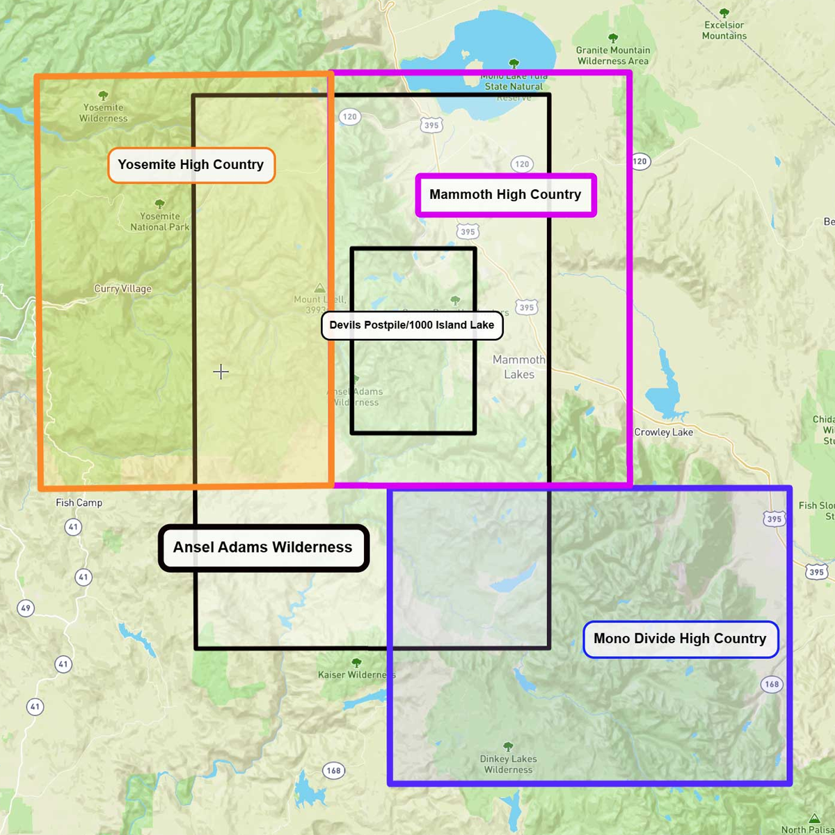 Ansel Adams Wilderness Map alternate view