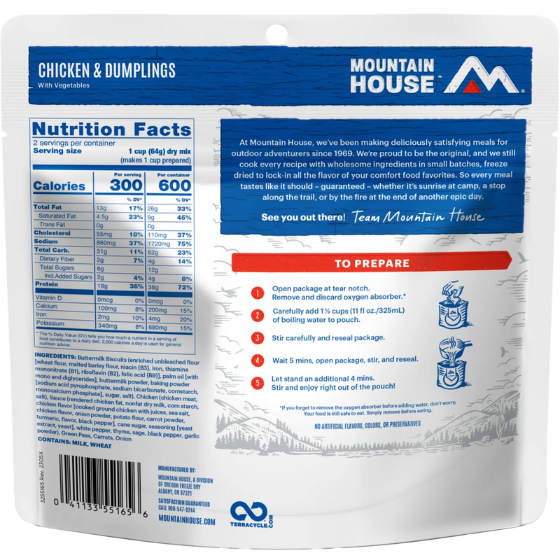 Chicken and Dumplings (2 Servings), Mountain House Chicken and Dumplings (2 Servings) back of package