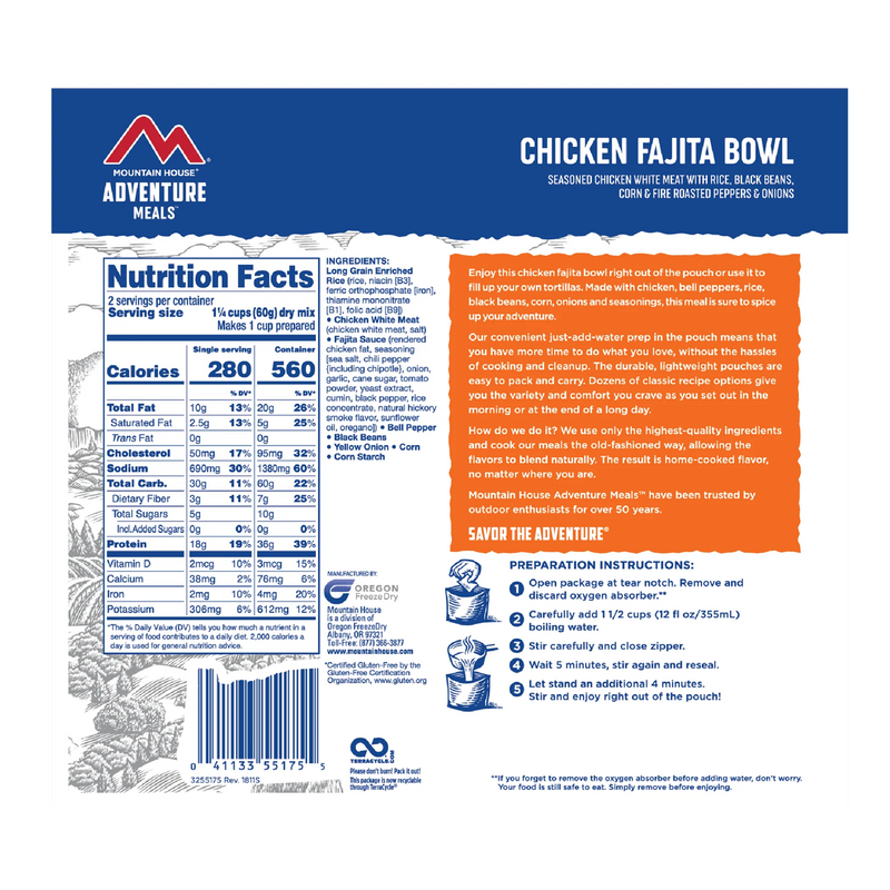 Chicken Fajita Bowl (2 Servings), Mountain House Chicken Fajita Bowl (2 Servings) back