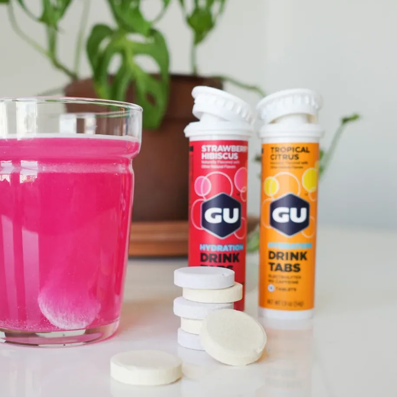 Hydration Drink Tabs, GU Hydration Drink Tabs with glass