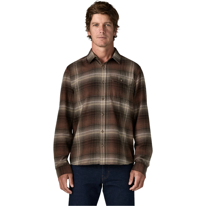 Men's Lightweight Fjord CIC Long Sleeve Flannel Shirt, Patagonia Men's Lightweight Fjord CIC Long Sleeve Flannel Shirt in Melting Ombre Den Brown front side on model