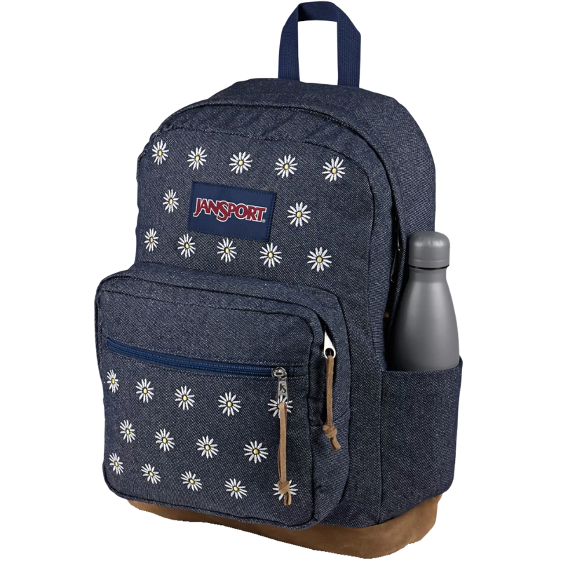 Right Pack Expressions, Jansport Right Pack Expressions in KV8-Embroidered Denim Dark with water bottle