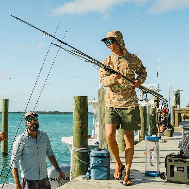 Men's Loggerhead Hoodie, Howler Brothers Men's Loggerhead Hoodie in TEM-Temple Tracks/Camel on model fishing