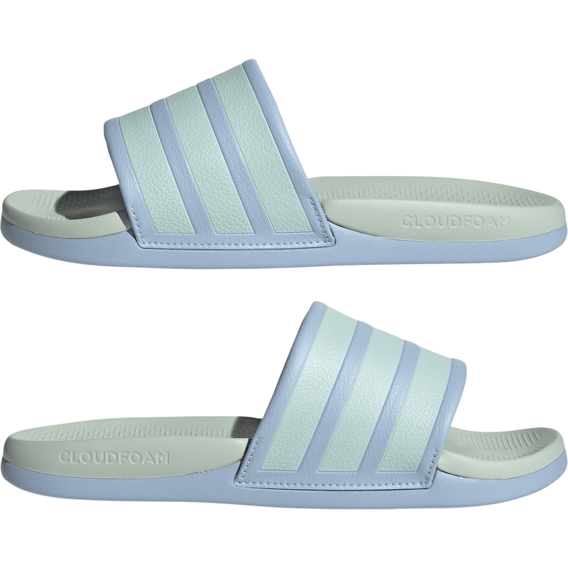 Women's Adilette Comfort 2.0, Adidas Women's Adilette Comfort 2.0 Slides in Glow Blue/Halo Mint/Halo Mint  pair lateral profiles
