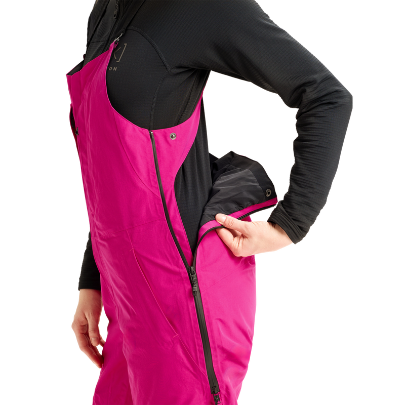 Women's AK Kimmy Gore-Tex 2L Bib Pants, Burton Women's AK Kimmy Gore-Tex 2L Bib Pants in 69P-Very Berry left side zip
