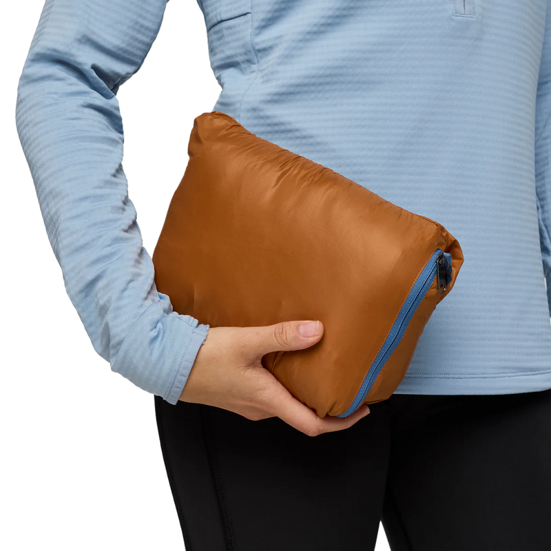 Women's Fuego Down Hooded Jacket, Cotopaxi Women's Fuego Down Hooded Jacket in SIEFJ-Sienna and Fjord in stuff sack