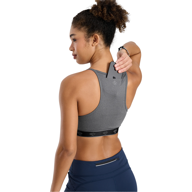 Women's Strappy Pocket Bra, Rabbit Women's Strappy Pocket Bra in Charcoal back pocket
