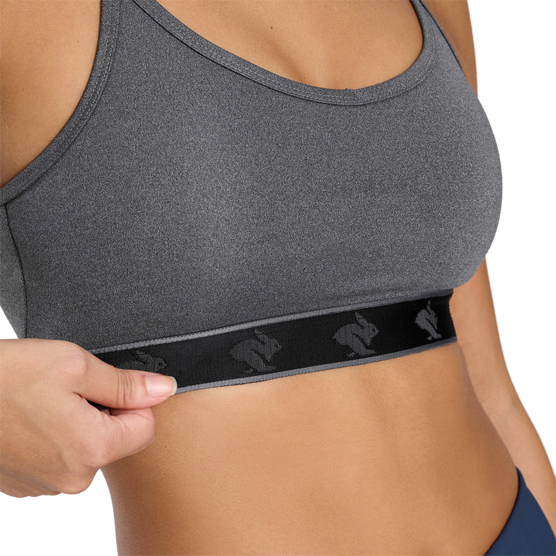 Women's Strappy Pocket Bra, Rabbit Women's Strappy Pocket Bra in Charcoal under strap