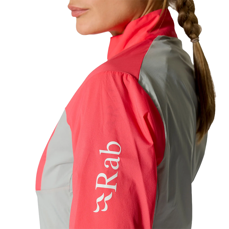 Women's Windveil Jacket, Rab Women's Windveil Jacket in Hibiscus Light Zinc left arm branding