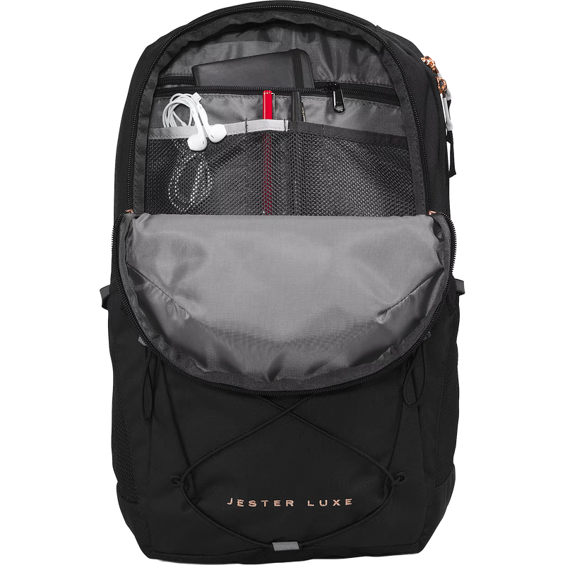 Women's Jester Luxe, The North Face Women's Jester Luxe in 7ZQ-TNF Black/Burnt Coral Metallic unzipped