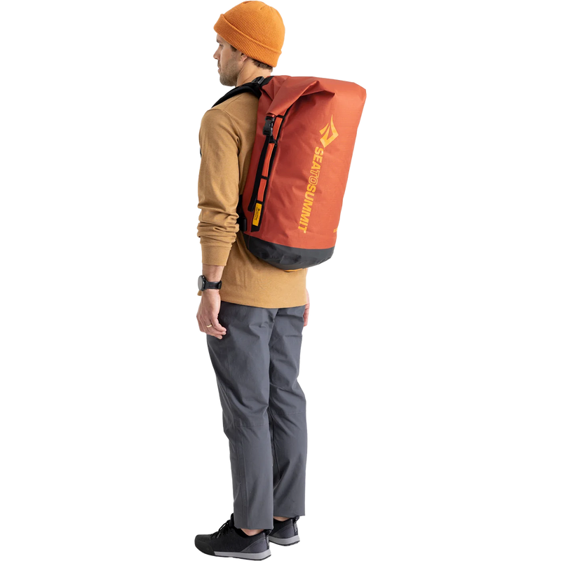 Big River Dry Backpack 50L, Sea to Summit Big River Dry Backpack 50L in Picante Red on model