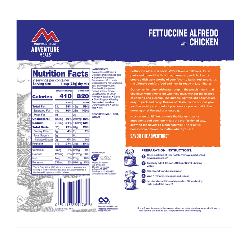 Fettuccine Alfredo with Chicken (2 Servings), Mountain House Fettuccine Alfredo with Chicken (2 Servings) back of package