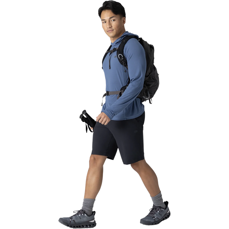 Men's Echo Hoodie, Outdoor Research Echo Hoodie in Skyline left with backpack