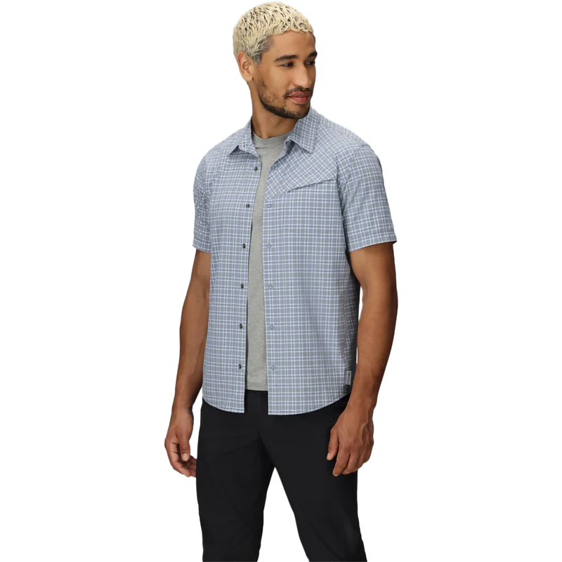 Men's Astroman Short Sleeve Sun Shirt, Outdoor Research Astroman Short Sleeve Sun Shirt in Galactic Plaid front unbuttoned