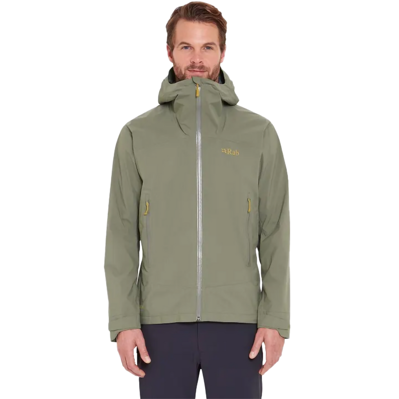 Men's Downpour Light Waterproof Jacket, Rab Men's Downpour Light Waterproof Jacket in LKH-Light Khaki on model