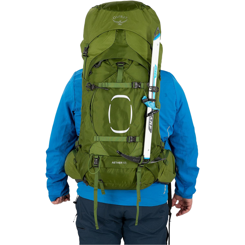 Aether 65 EF, Osprey Aether 65 EF in GARLIC MUSTARD GREEN back with ice axe