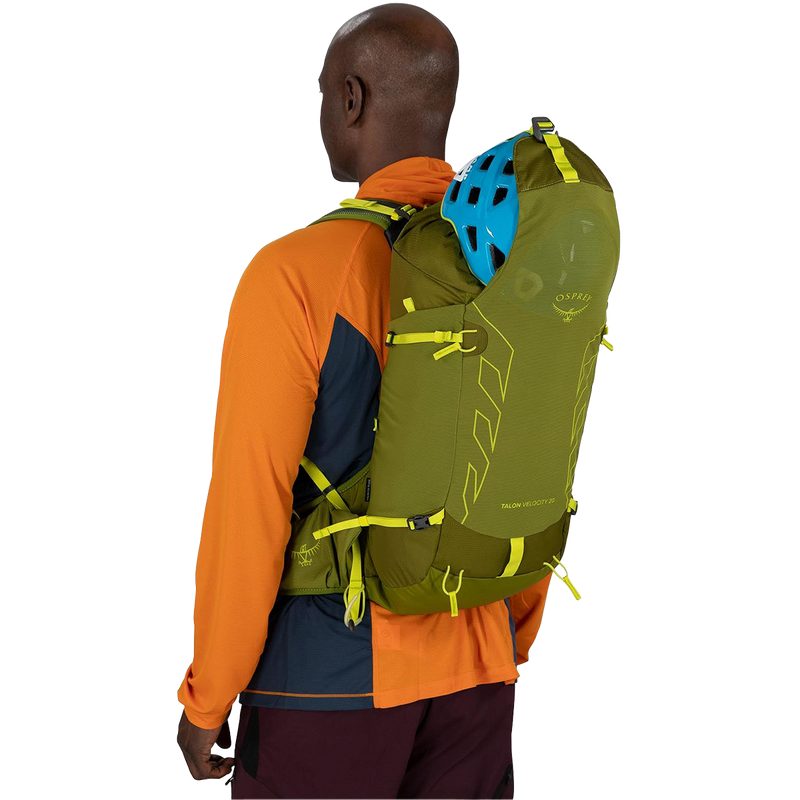 Talon Velocity 20, Osprey Talon Velocity 20 in green on model back left with helmet