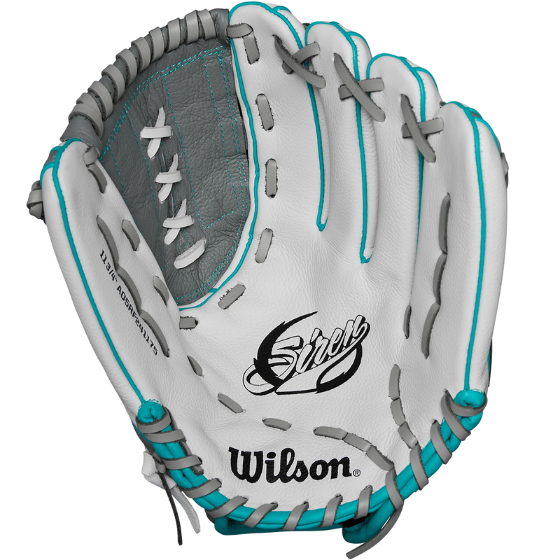 Youth A500 Siren Fastpitch Infield Softball Glove - 11.75" 2-Pc Closed, Wilson Youth Siren Fastpitch Infield Softball Glove - 11.75" 2-Pc Closed 2024 A500 White/Grey/Teal palm