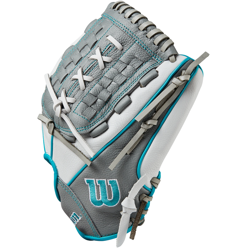 Youth A500 Siren Fastpitch Infield Softball Glove - 11.75" 2-Pc Closed, Wilson Youth Siren Fastpitch Infield Softball Glove - 11.75" 2-Pc Closed 2024 A500 White/Grey/Teal right profile