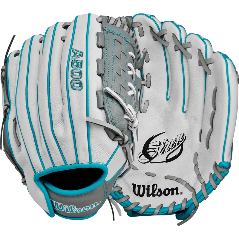 Youth A500 Siren Fastpitch Infield Softball Glove - 11.75" 2-Pc Closed, Wilson Youth Siren Fastpitch Infield Softball Glove - 11.75" 2-Pc Closed 2024 A500 White/Grey/Teal front and back
