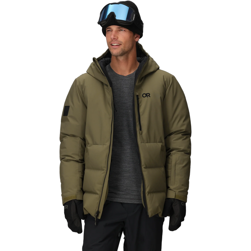 Men's Snowcrew Down Jacket, Outdoor Research Men's Snowcrew Down Jacket in 2288-Ranger Green front unzipped